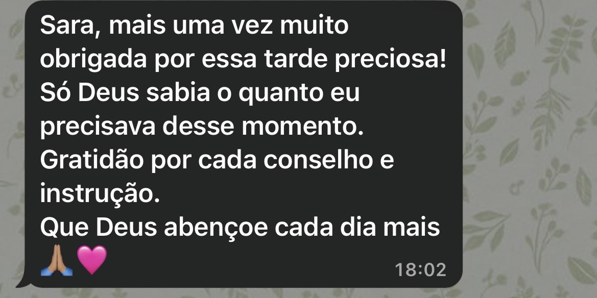 Mensagem de agradecimento de uma pessoa acompanhada por Sara Ruth — depoimento 1
