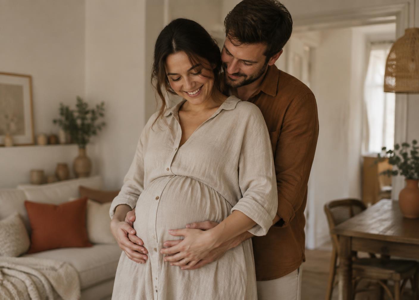 Casal em casa se preparando para a chegada do bebê, mãos sobre a barriga